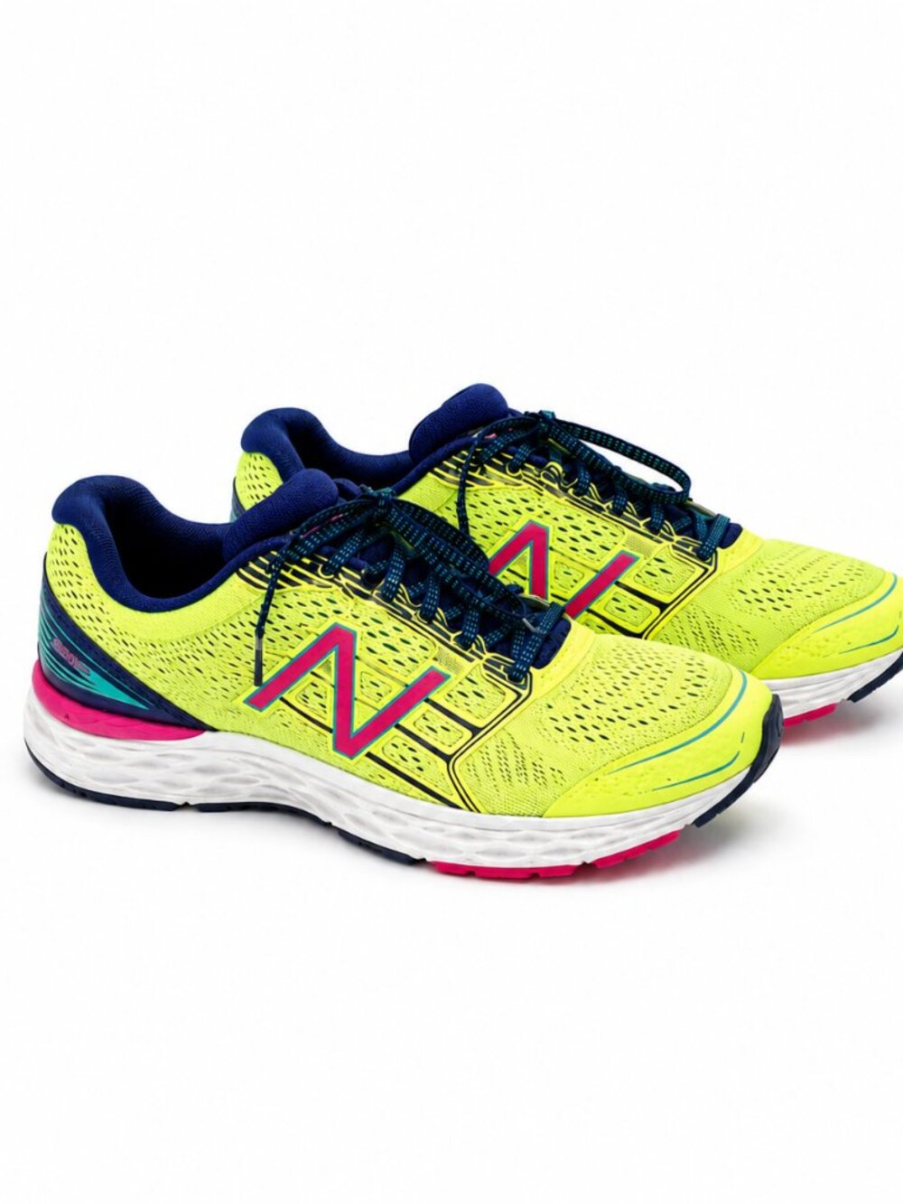New Balance 680v5 Running Shoes Neon Yellow Pink Blue Athletic Sneakers